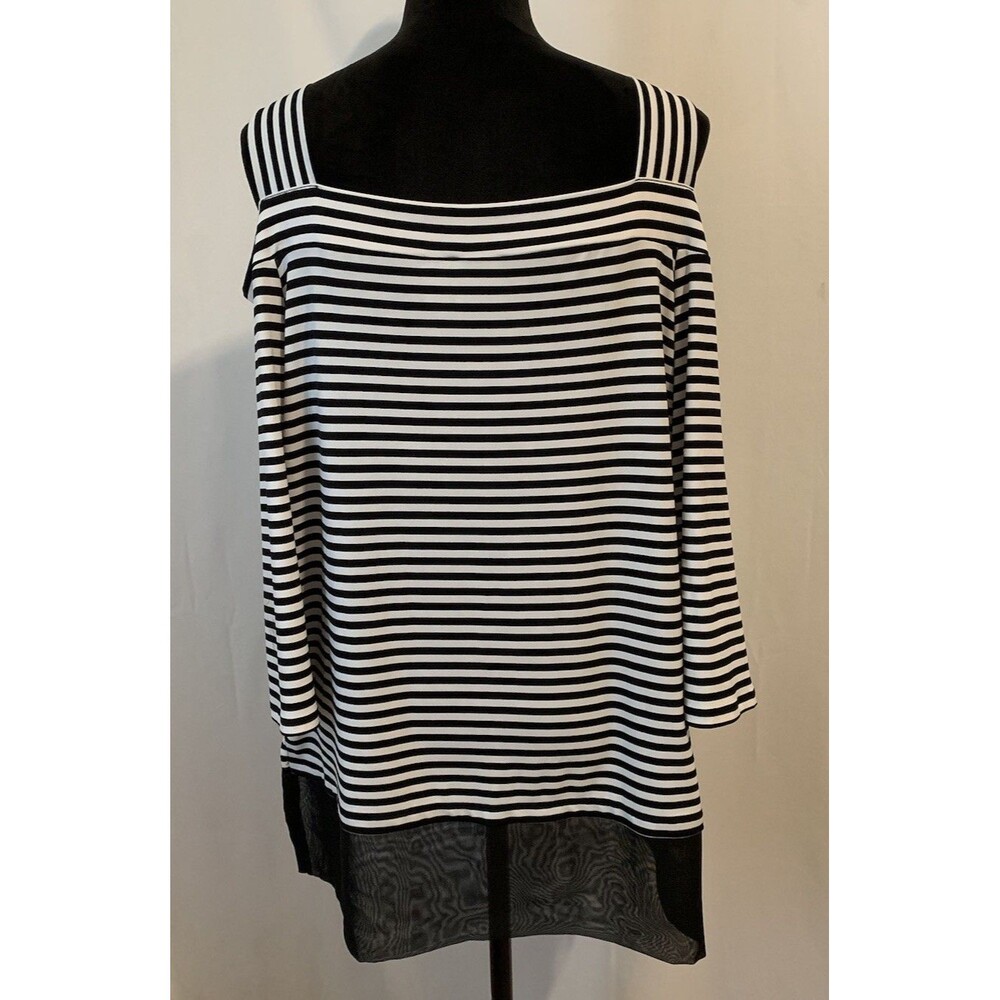 Chicos Size 2 Top Large Black White Striped Cold Shoulder Stretch - Picture 2 of 7